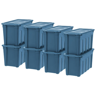 IRIS USA 8 Pack Storage Totes, 31 Gal Stackable Bins with Handles & Lids, Navy