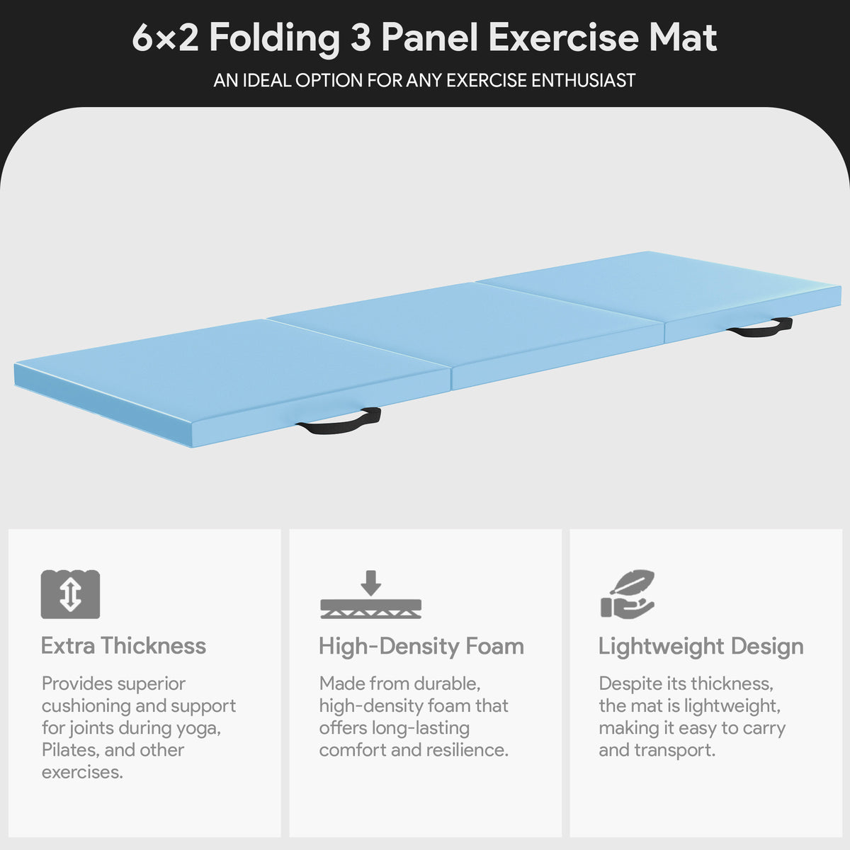 BalanceFrom Fitness GoGym 6x2' Folding 3 Panel Exercise Mat with Handles, Blue (Open Box)