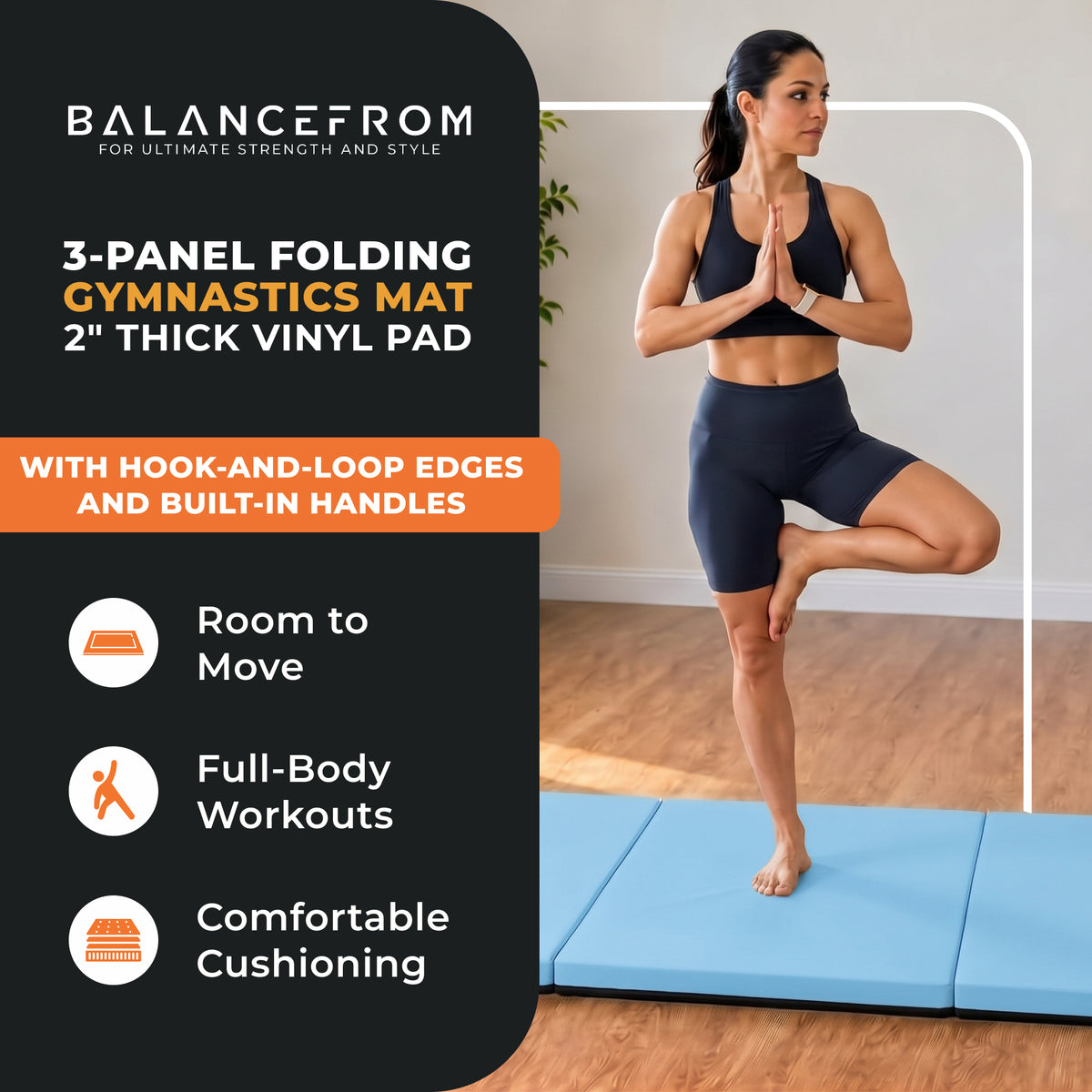 BalanceFrom Fitness GoGym 6x2' Folding 3 Panel Exercise Mat with Handles, Blue