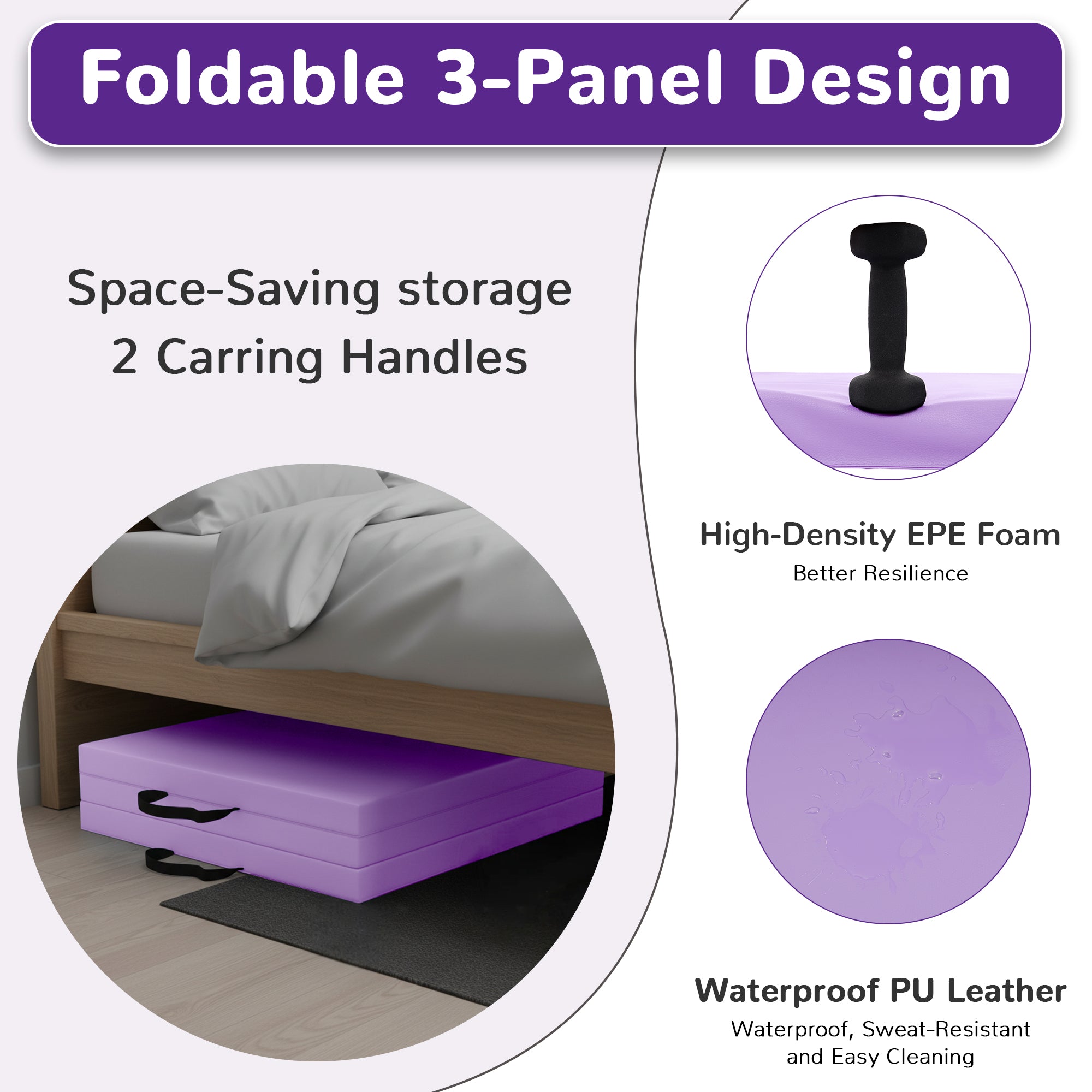 BalanceFrom Fitness GoGym 6x2' Folding 3 Panel Exercise Mat with Handles, Purple