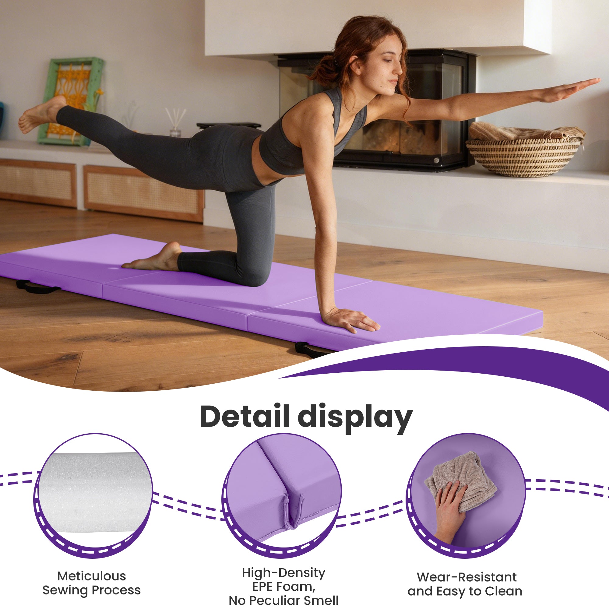 BalanceFrom Fitness GoGym 6x2' Folding 3 Panel Exercise Mat with Handles, Purple (Open Box) - VMInnovations