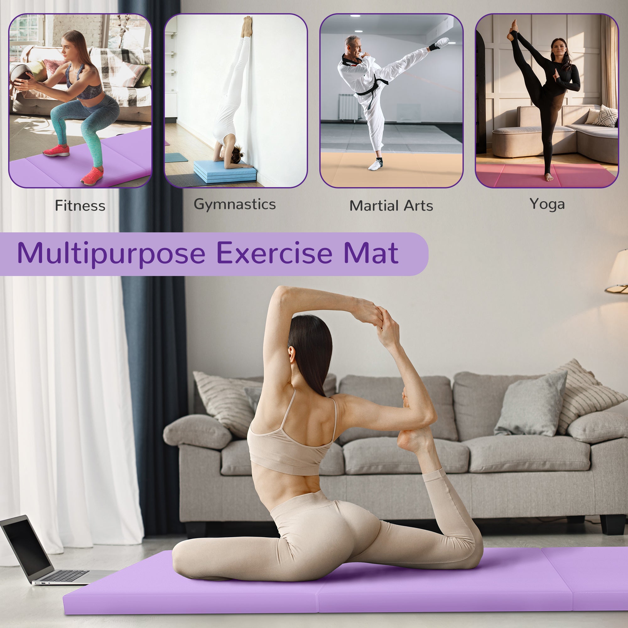 BalanceFrom Fitness GoGym 6x2' Folding 3 Panel Exercise Mat with Handles, Purple