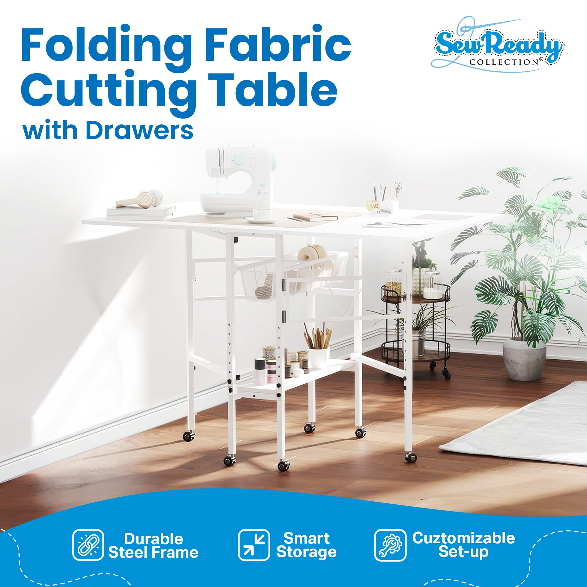 Sew Ready Folding Sewing Craft Table with Storage Drawers and Wheels, (Used)