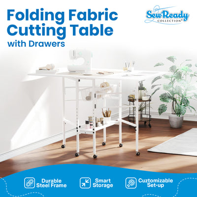 Sew Ready Folding Sewing Craft Table with Storage Drawers and Wheels (Open Box)