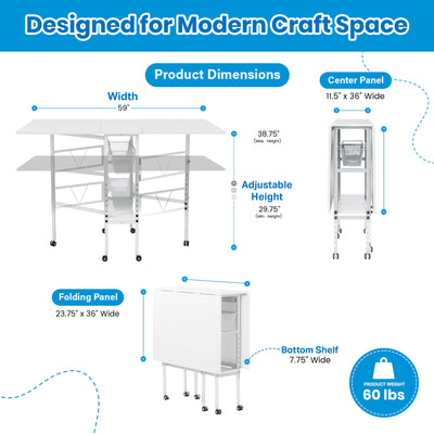 Sew Ready Folding Sewing Craft Table with Storage Drawers and Wheels, (Used)