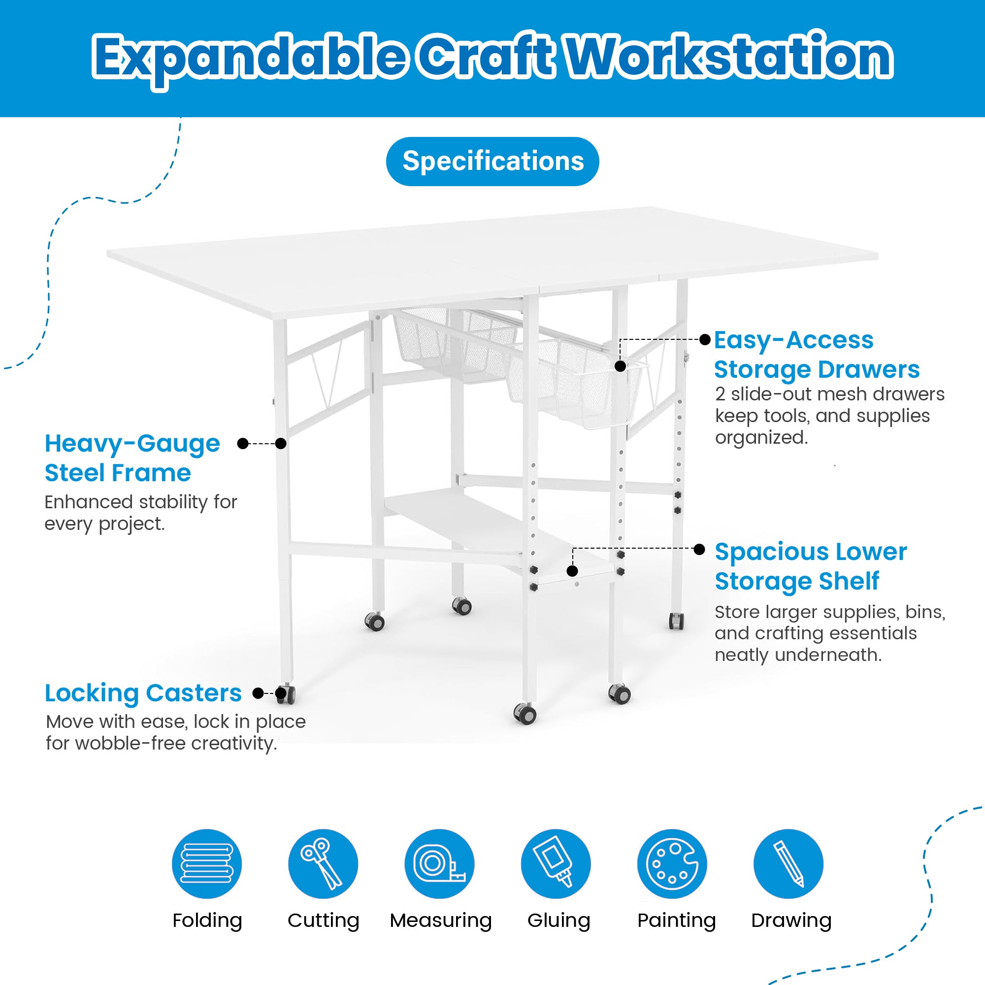 Sew Ready Folding Sewing Craft Table with Storage Drawers and Wheels, (Used)