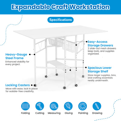 Sew Ready Folding Sewing Craft Table with Storage Drawers and Wheels, (Used)
