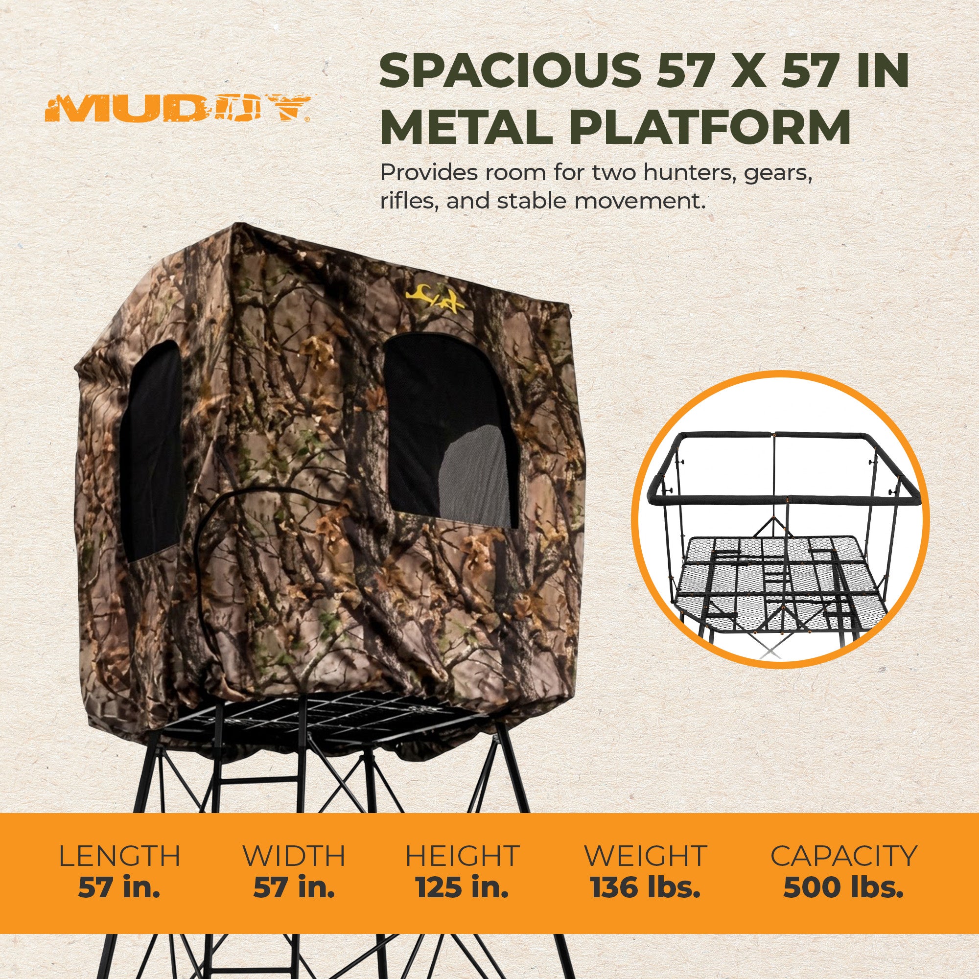 Muddy Roost Quad Pod 10' Steel Hunting Stand with Ladder, Steel Frame, Camo (For Parts)