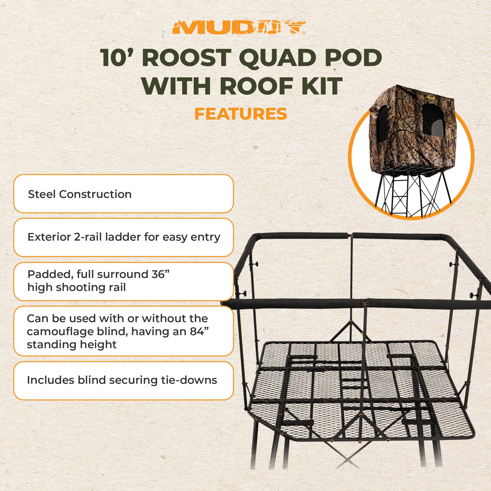 Muddy Roost Quad Pod 10' Steel Hunting Stand with Ladder, Steel Frame, Camo (For Parts)