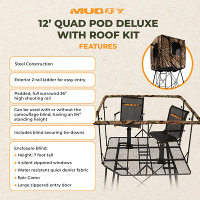 Muddy Quad Pod Deluxe 12' Steel Hunting Stand with Ladder, Steel Frame, Camo - VMInnovations