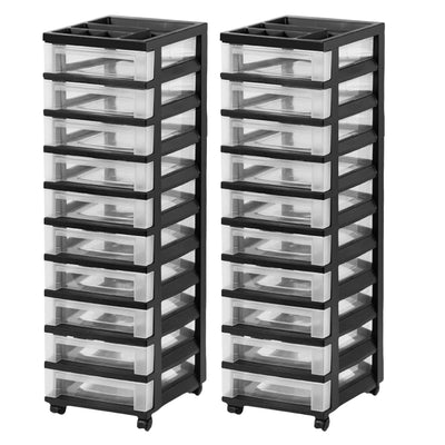 IRIS USA 2 Pack 10-Drawer Plastic Storage Organizer Cart & Caster Wheels, Black