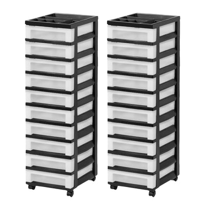 IRIS USA 2 Pack 10-Drawer Plastic Storage Cart with Wheels for Offices, Black