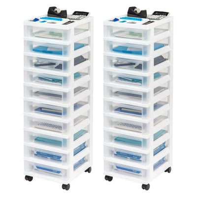 IRIS USA 2 Pack 10-Drawer Plastic Storage Organizer Cart & Caster Wheels, White
