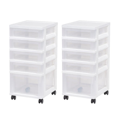IRIS USA 2 Pack 5-Drawer Plastic Storage Cart with Wheels for Offices, White