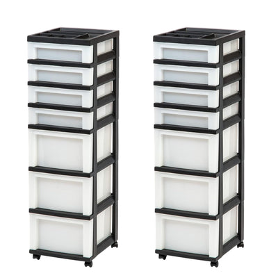 IRIS USA 2 Pack 7-Drawer Plastic Storage Organizer Cart & Caster Wheels, Black