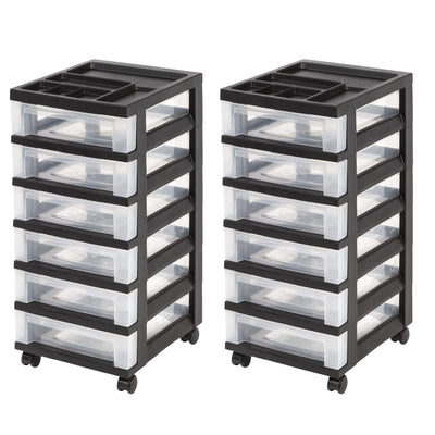 IRIS USA 2 Pack 6-Drawer Plastic Storage Organizer Cart & Caster Wheels, Black