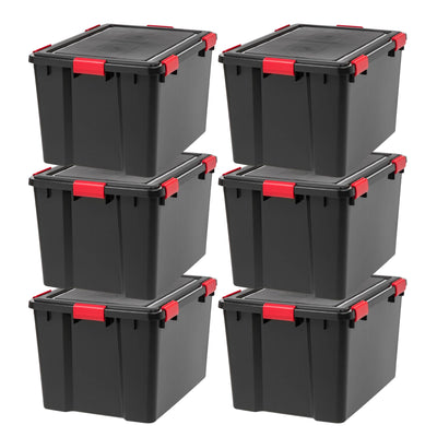 IRIS USA 6 Pack WeatherPro 74 Quart Stackable Storage Bins with Lids, Black/Red