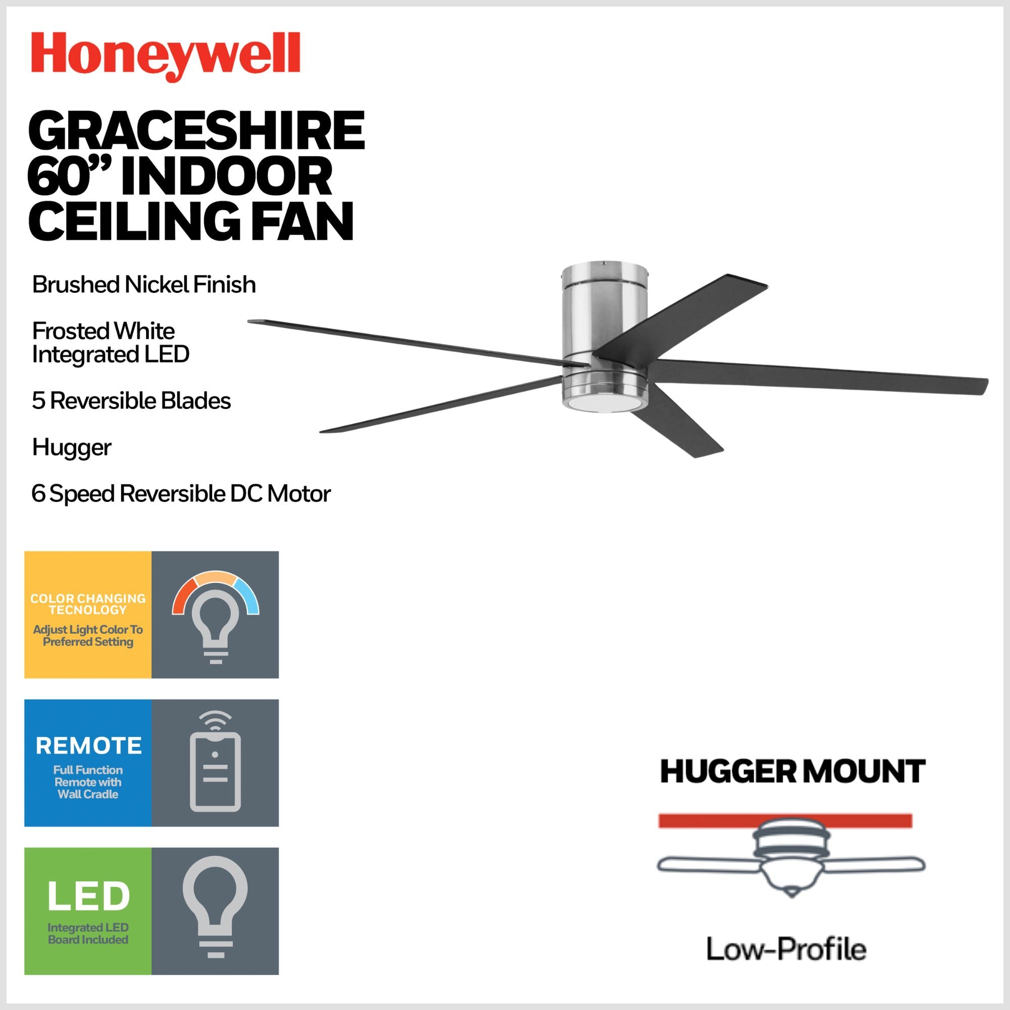 Honeywell Graceshire 52 Inch Ceiling Fan with LED Light and Remote (Open Box)