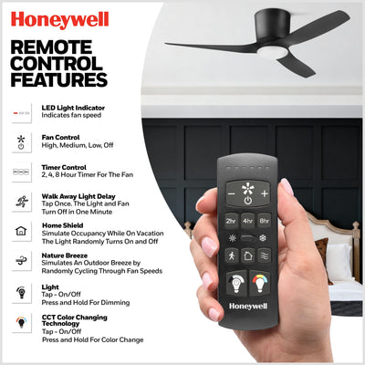 Honeywell Lynton 52" Ceiling Fan, Damp-Rated w/ LED Light & Remote, Matte Black - VMInnovations