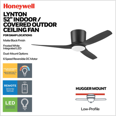 Honeywell Lynton 52" Ceiling Fan, Damp-Rated w/ LED Light & Remote, Matte Black - VMInnovations