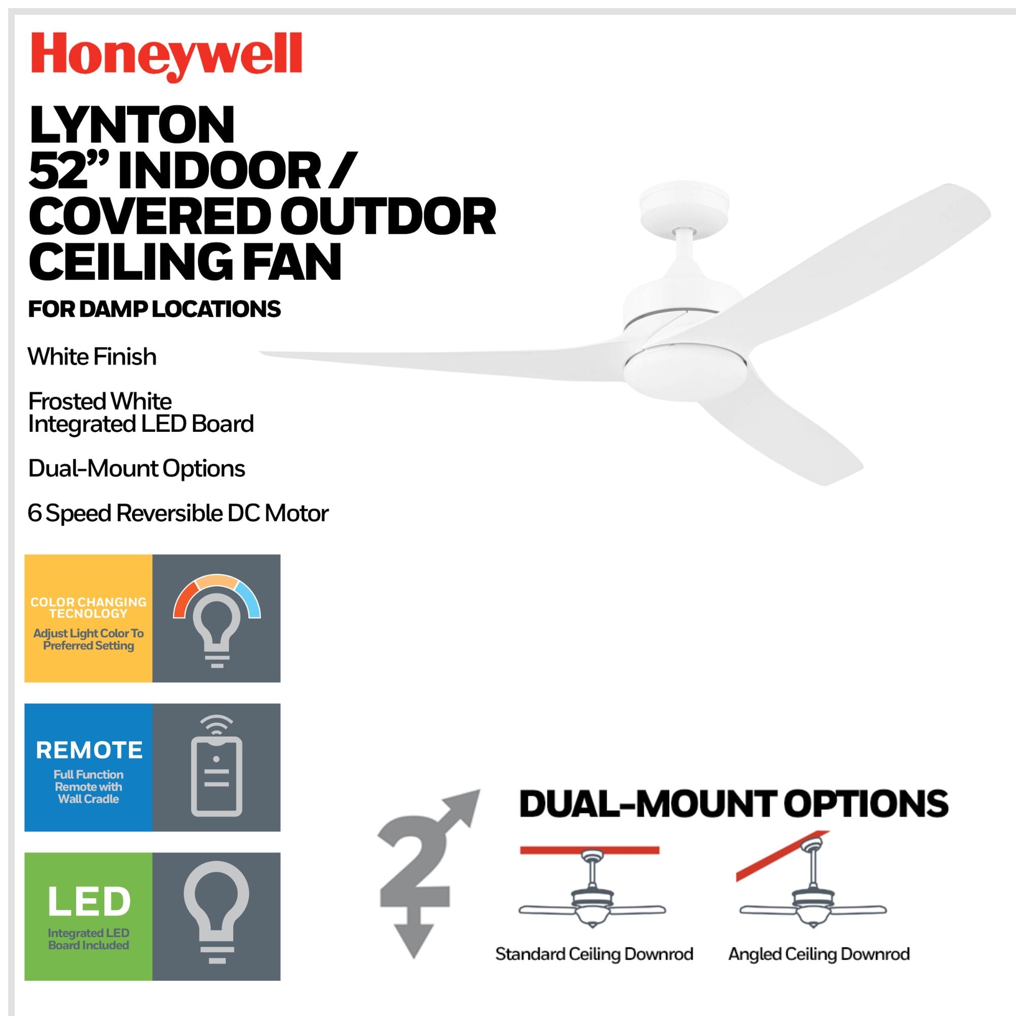 Honeywell 52" Dual Mount Indoor Ceiling Fan w/ LED Light & Remote (Open Box)