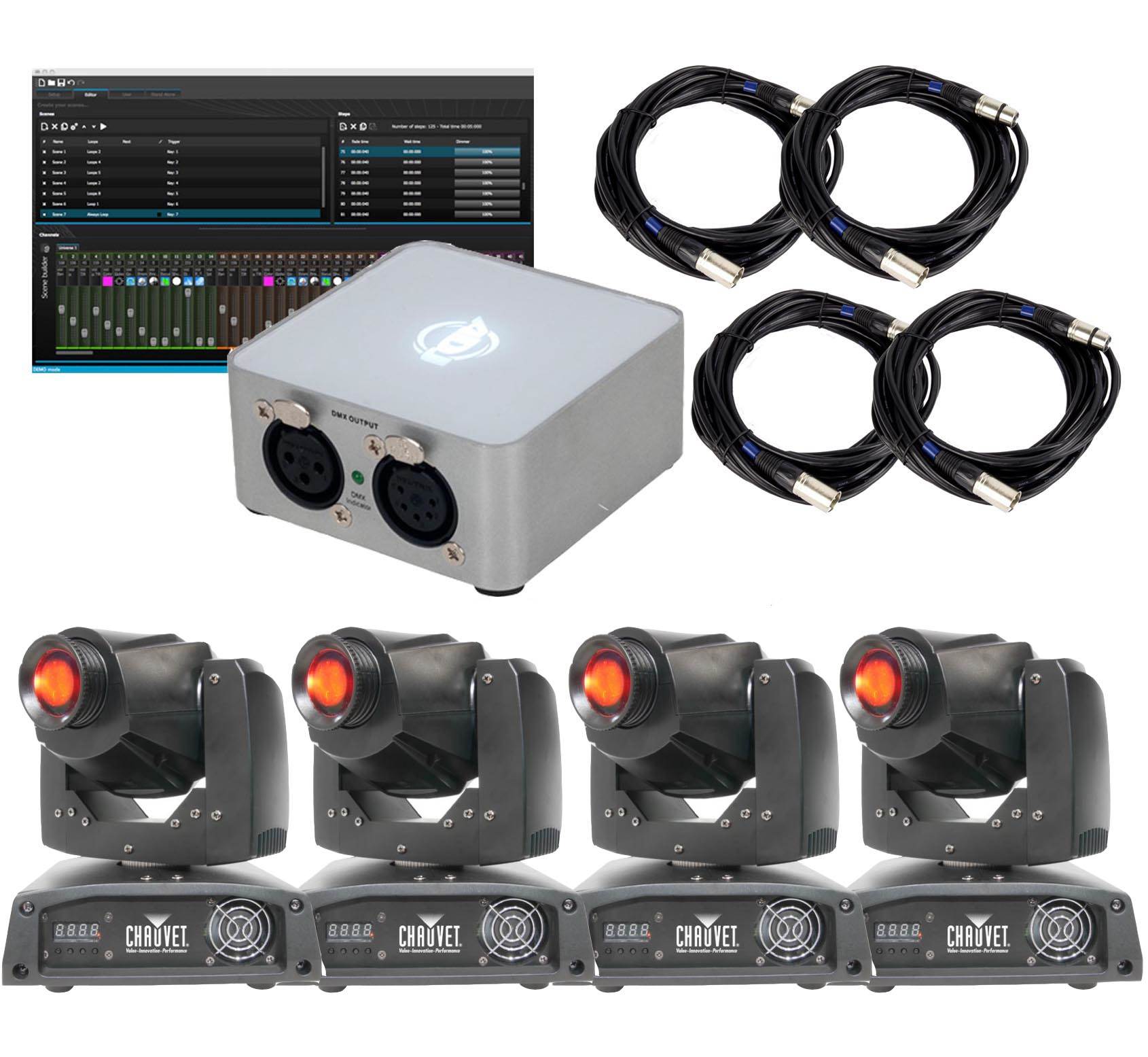4 Chauvet DJ Intimidator Spot 155 LED DMX Yoke Lights + ADJ myDMX 2.0 Controller - VMInnovations