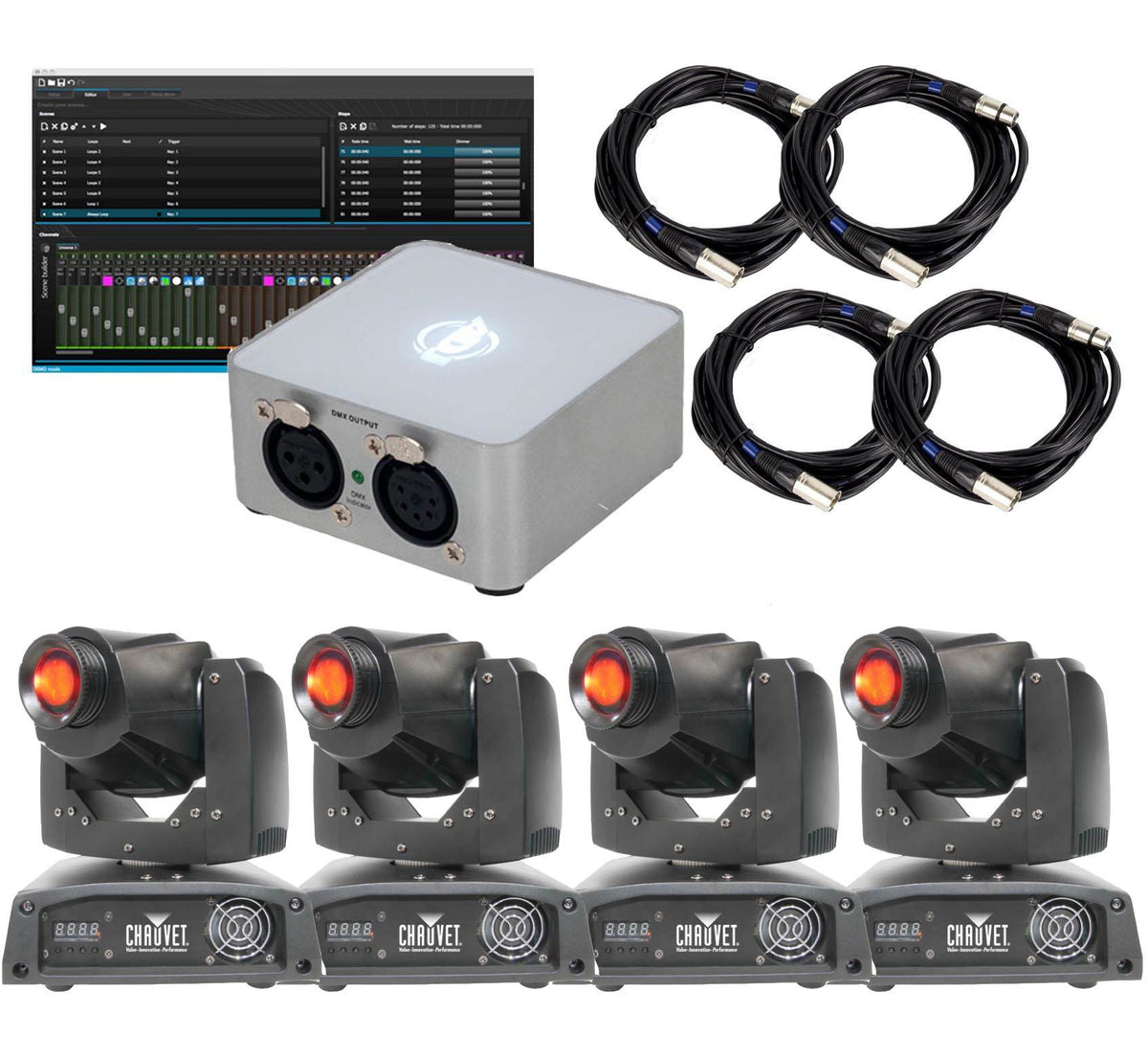 4 Chauvet DJ Intimidator Spot 155 LED DMX Yoke Lights + ADJ myDMX 2.0 Controller