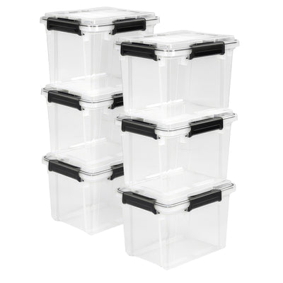 Sterilite 19 Qt Gasket Box, Stackable Storage Container with Lids, Black, 6 Pack