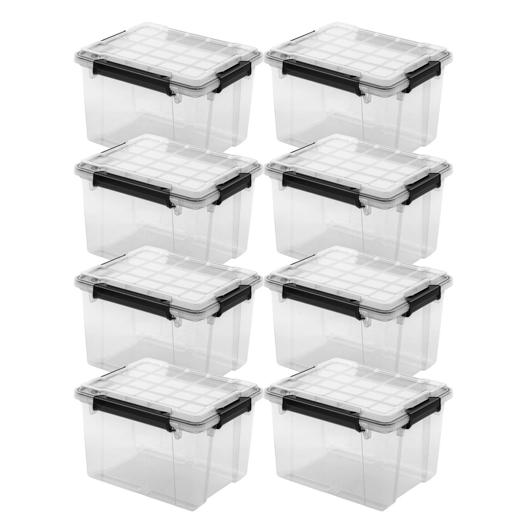 Sterilite 34 Qt Gasket Box, Stackable Storage Container with Lids, Black, 8 Pack - VMInnovations