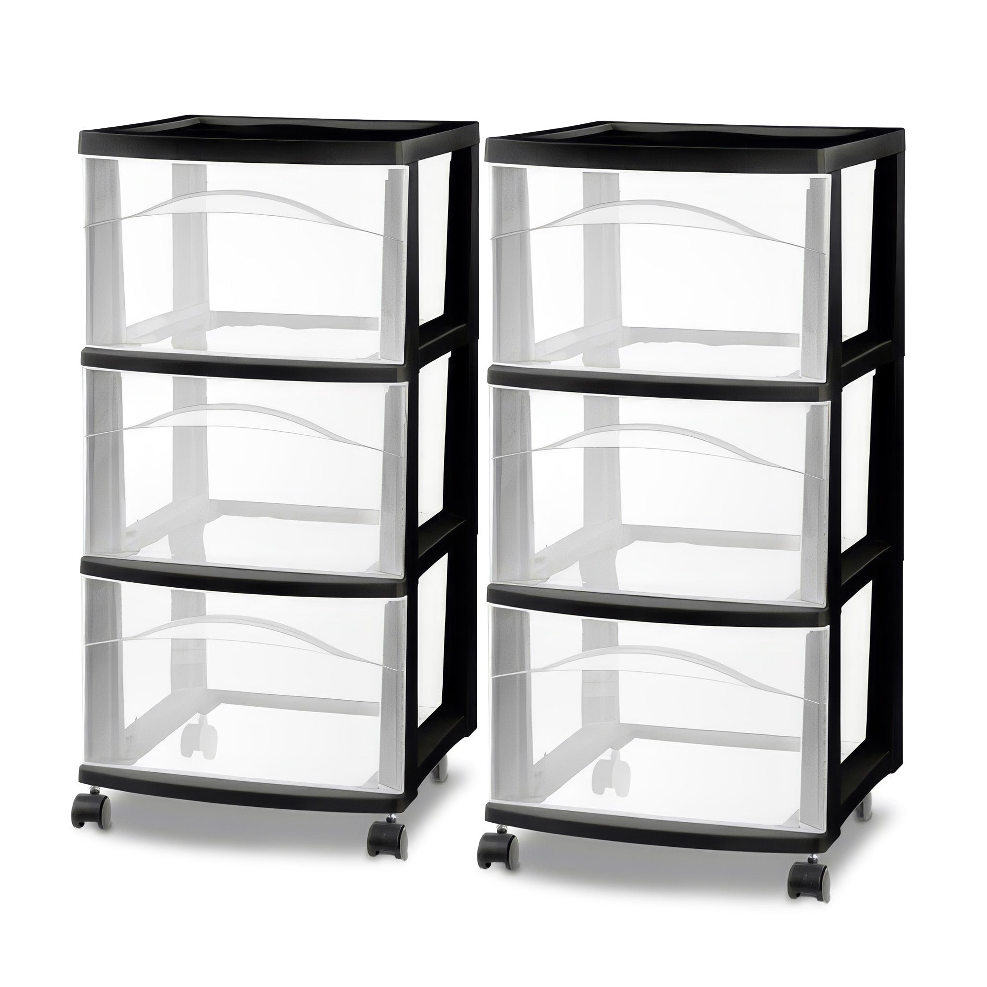 Sterilite 3 Drawer Storage Cart, Plastic Rolling Medium Organizer, Black, 2 Pack - VMInnovations