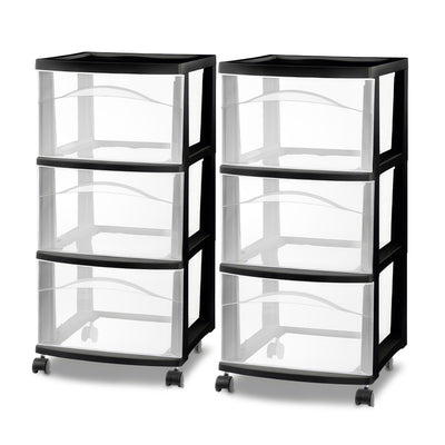 Sterilite 3 Drawer Storage Cart, Plastic Rolling Medium Organizer, Black, 2 Pack - VMInnovations