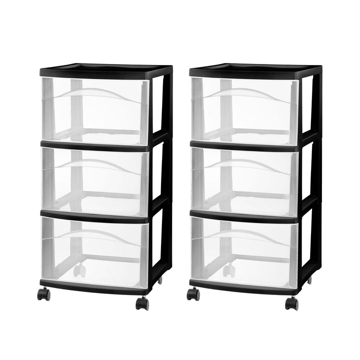 Sterilite 3 Drawer Storage Cart, Plastic Rolling Medium Organizer, Black, 2 Pack - VMInnovations