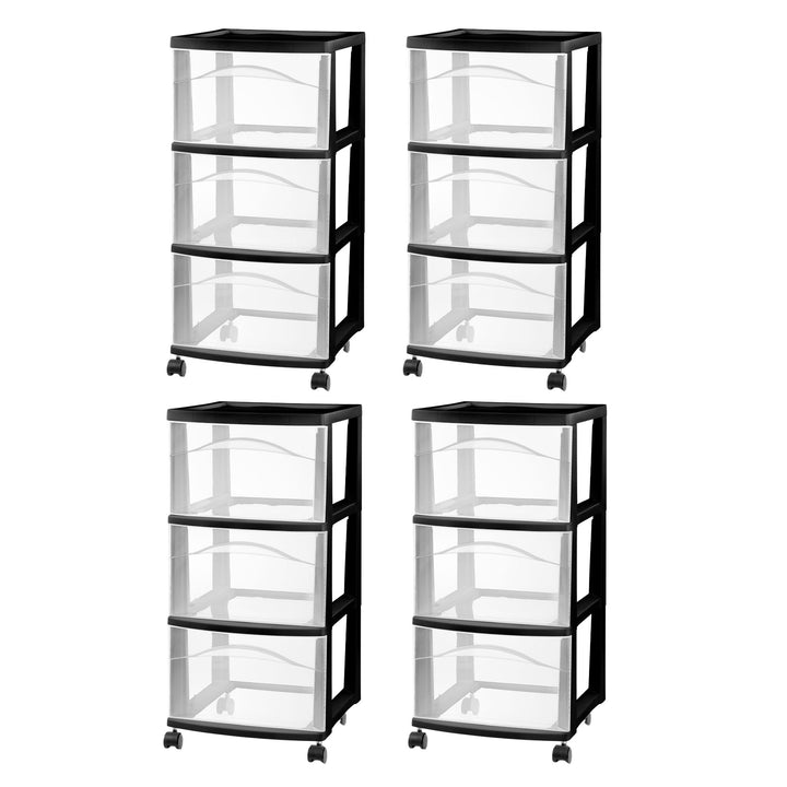 Sterilite 3 Drawer Storage Cart, Plastic Rolling Medium Organizer, Black, 4 Pack