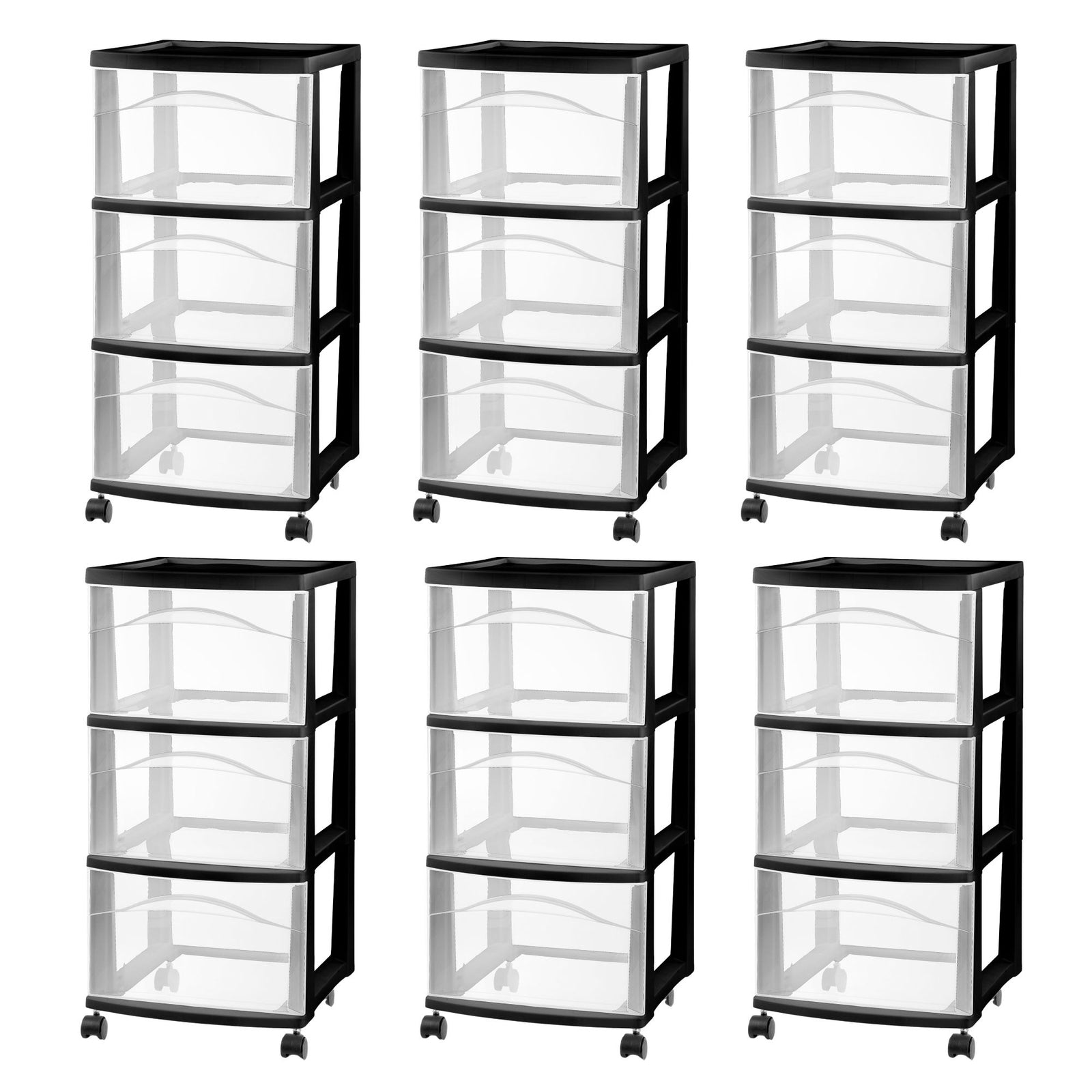 Sterilite 3 Drawer Storage Cart, Plastic Rolling Medium Organizer, Black, 6 Pack - VMInnovations