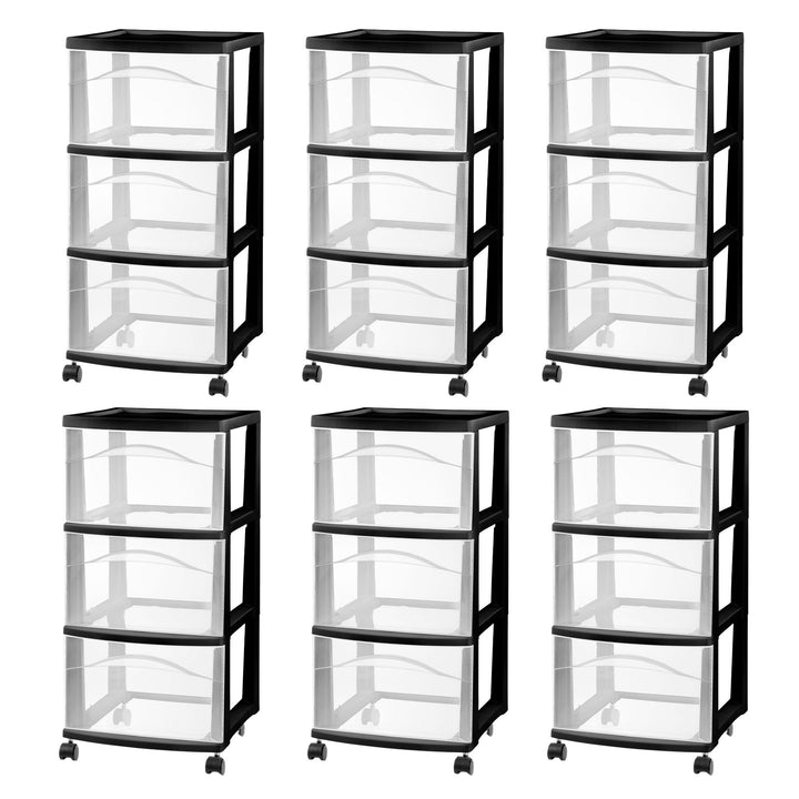 Sterilite 3 Drawer Storage Cart, Plastic Rolling Medium Organizer, Black, 6 Pack - VMInnovations