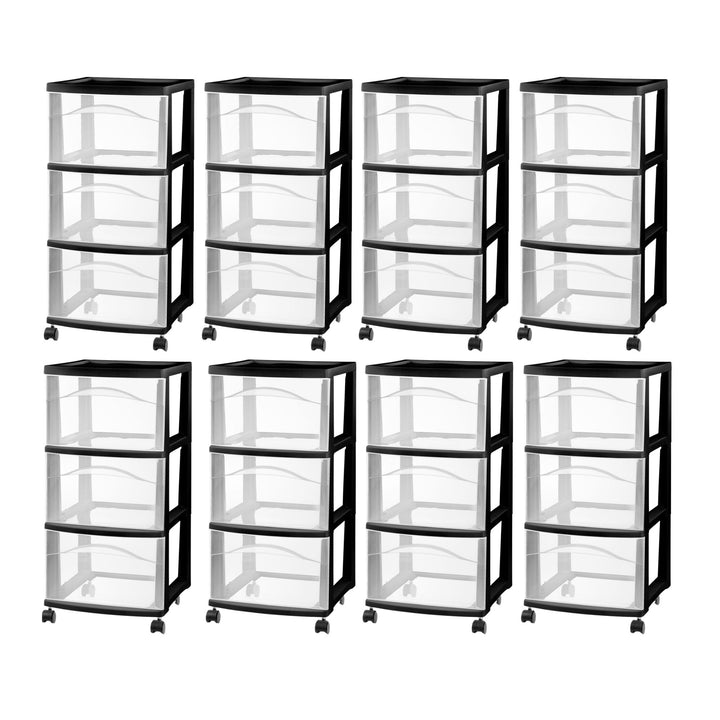 Sterilite 3 Drawer Storage Cart, Plastic Rolling Medium Organizer, Black, 8 Pack