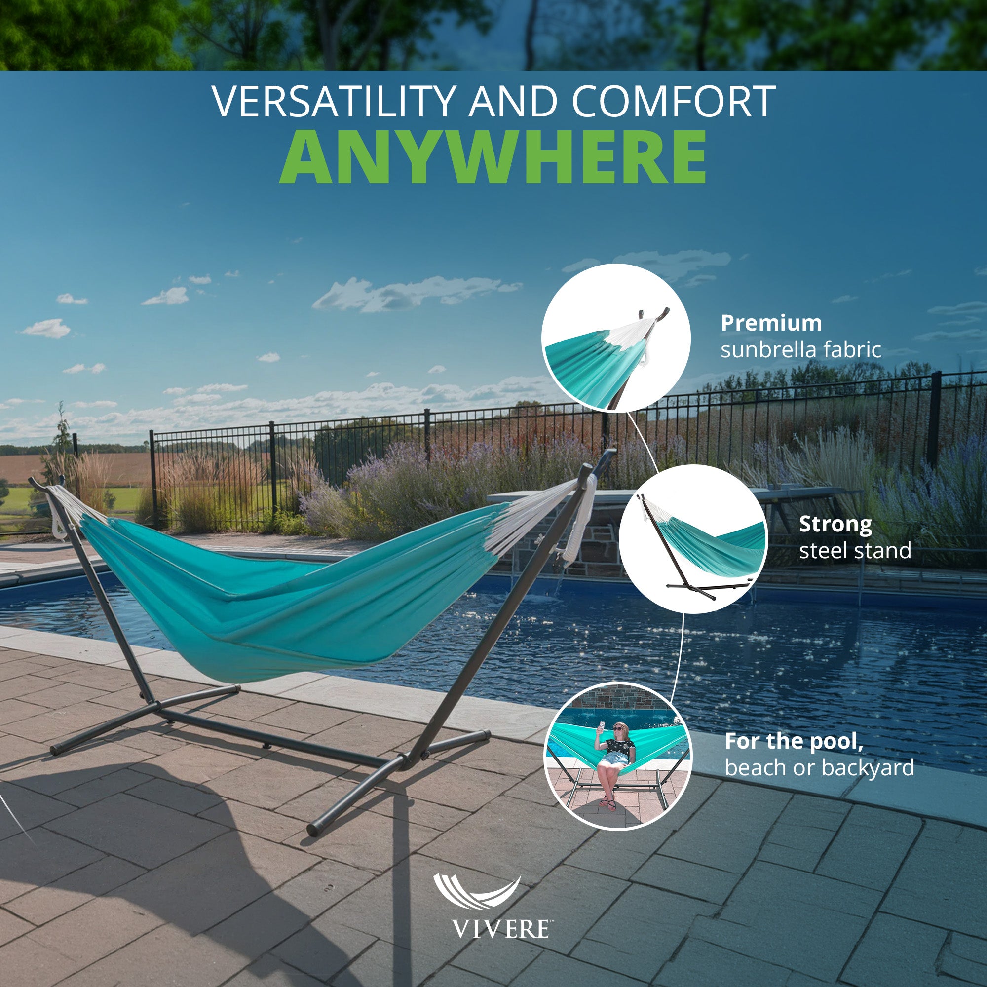 Vivere Double Sunbrella Hammock with Steel Stand and Carry Bag, 9 Foot, Aruba - VMInnovations