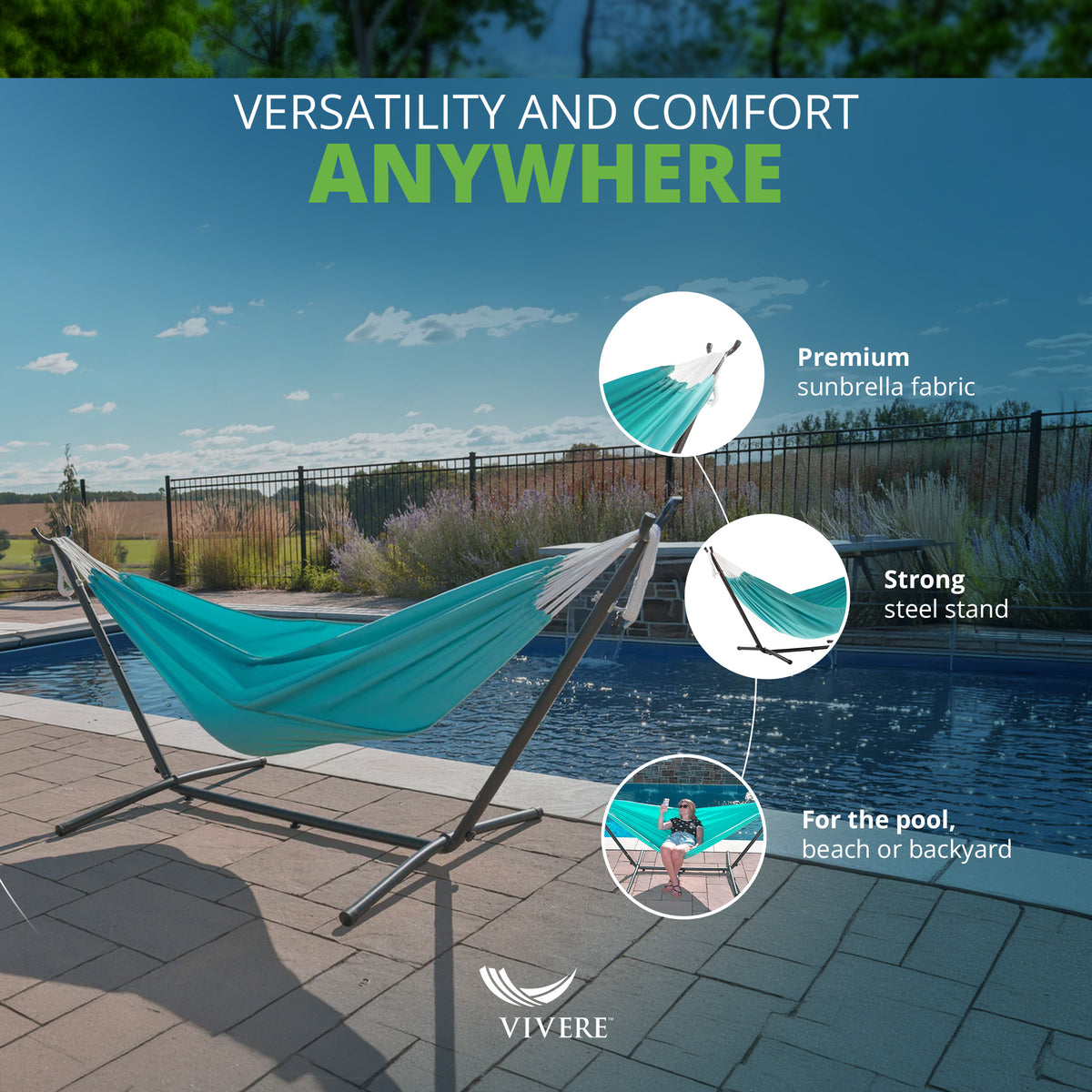 Vivere Double Sunbrella Hammock with Steel Stand and Carry Bag, 9 Foot(Open Box)