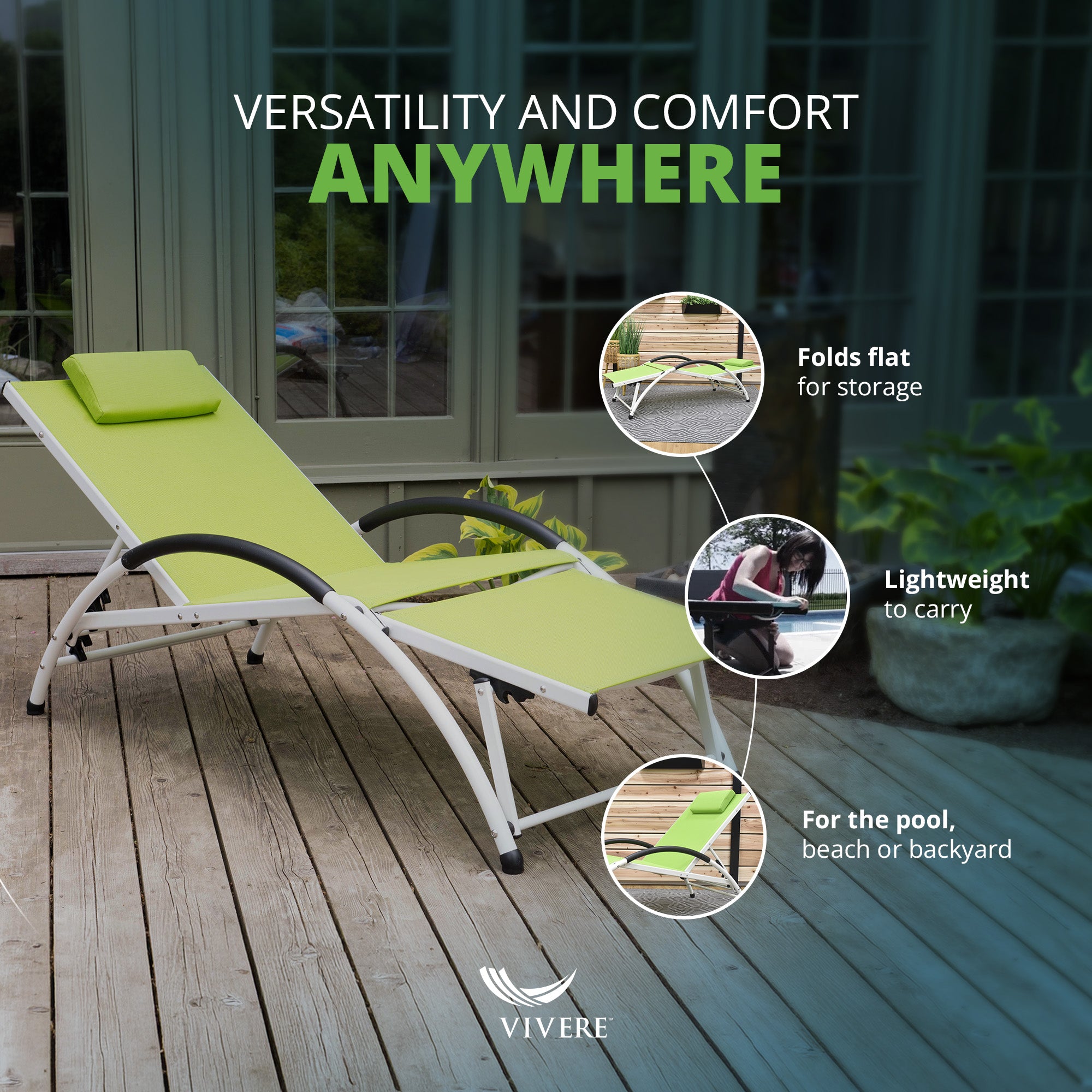 Vivere Aluminum Reclining Dockside Sun Lounger for Patio & Pool, Green Apple - VMInnovations