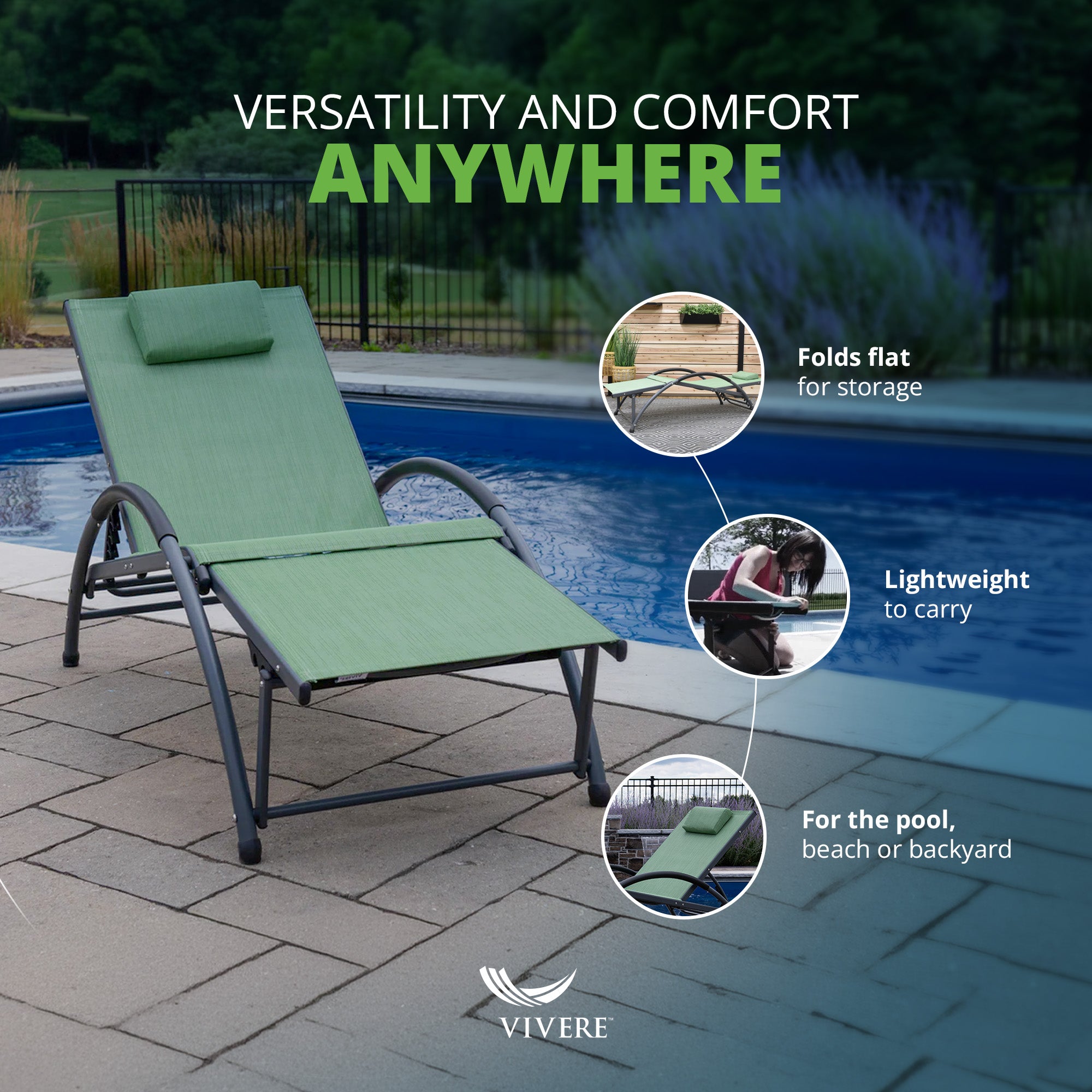 Vivere Aluminum Reclining Dockside Sun Lounger for Patio & Pool, Olive Green - VMInnovations