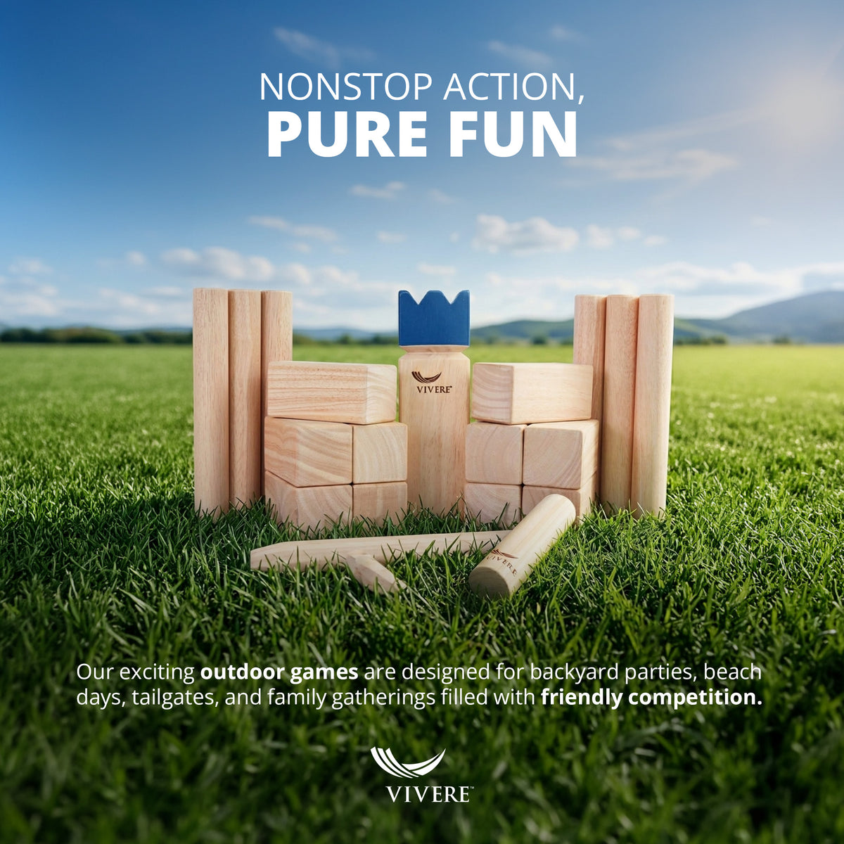 Vivere Kubb Yard Game Set, Tournament Size Viking Chess Toss with Case(Open Box)