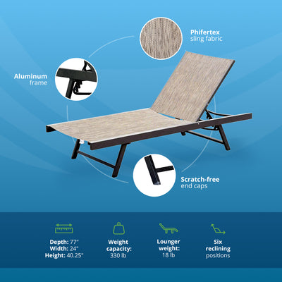 Vivere Aluminum Outdoor Chaise Lounge Chairs for Patio & Pool, Set of 2, Granite - VMInnovations