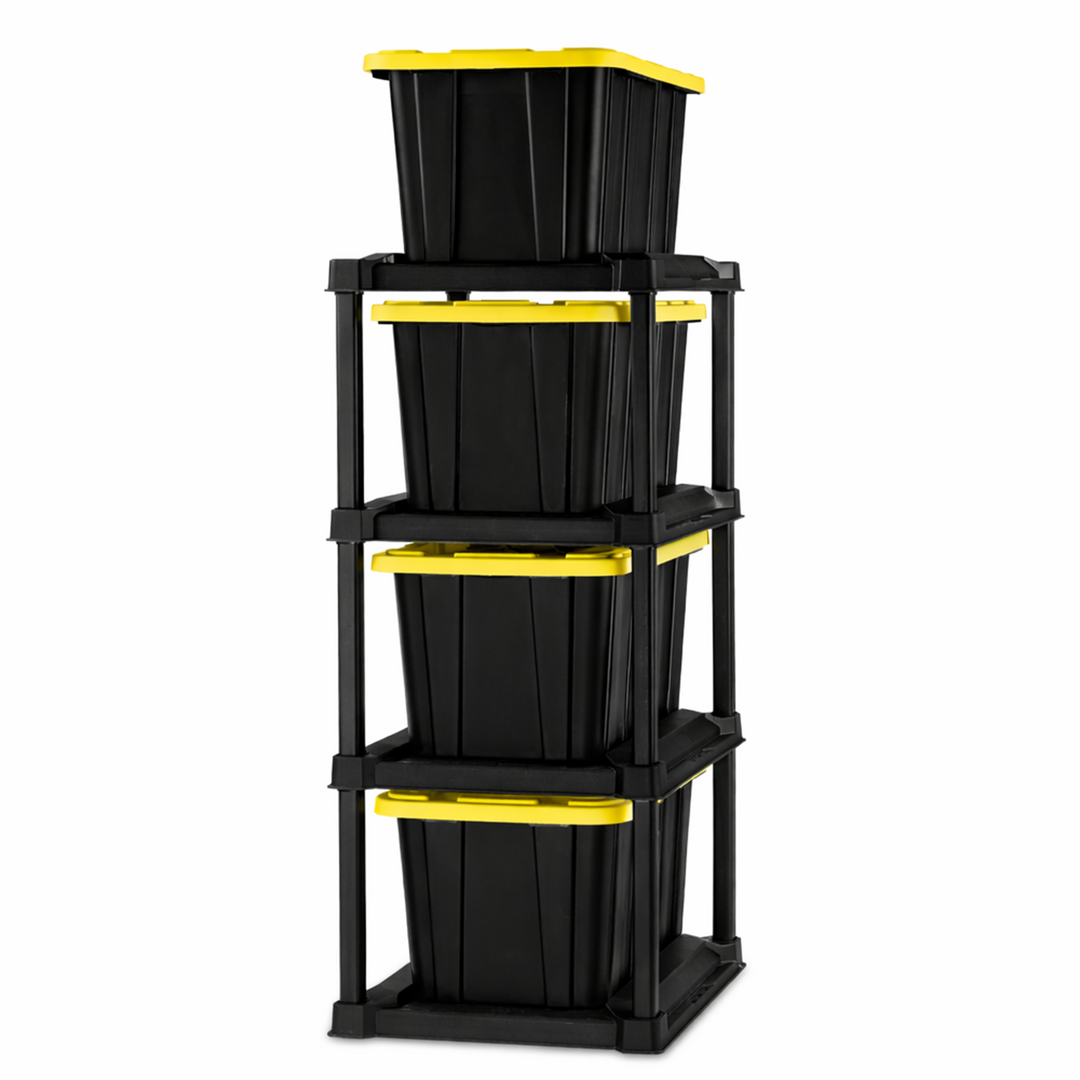 Sterilite 4 Tier Tote Rack Organizer with 4 Pack 27 Gal Industrial Storage Totes - VMInnovations
