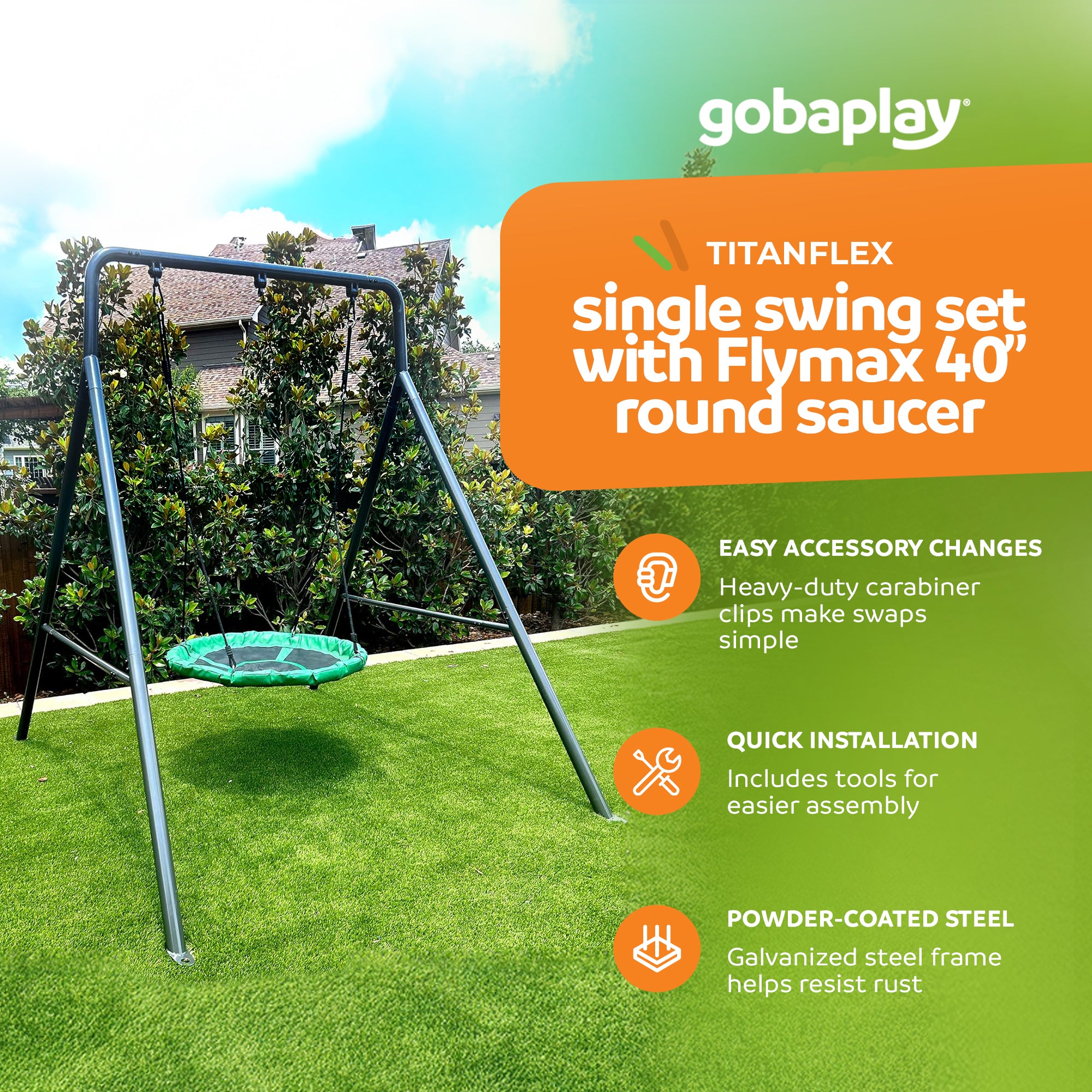 gobaplay Single Swing Set Playground Equipment with FlyMax 40" Round Saucer - VMInnovations
