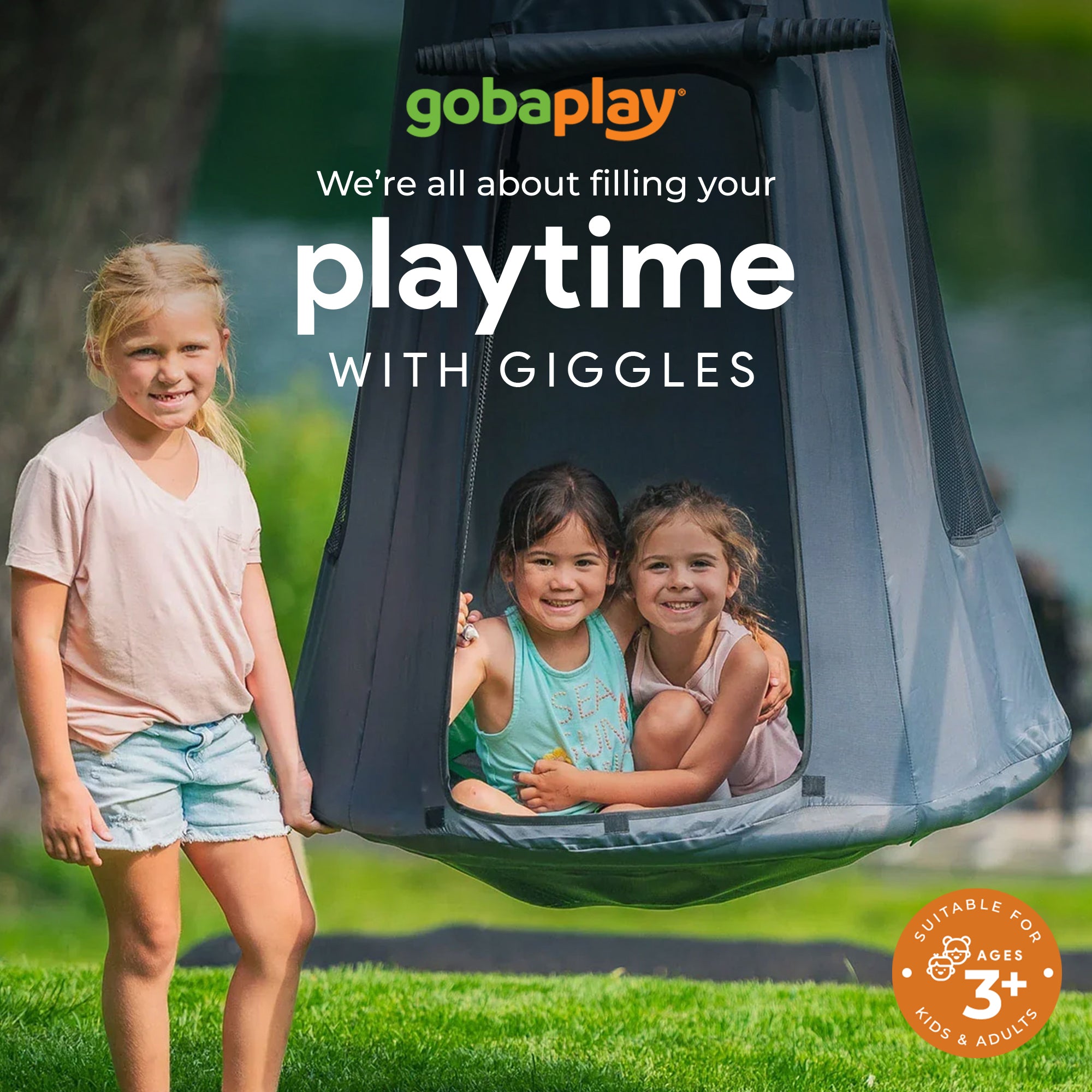 gobaplay Single Swing Set Frame with FlyMax 40" Round Saucer and Hanging Tent