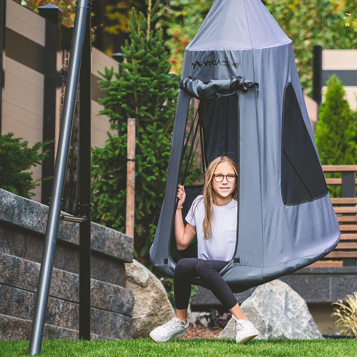 gobaplay Single Swing Set Frame with FlyMax 40" Round Saucer and Hanging Tent