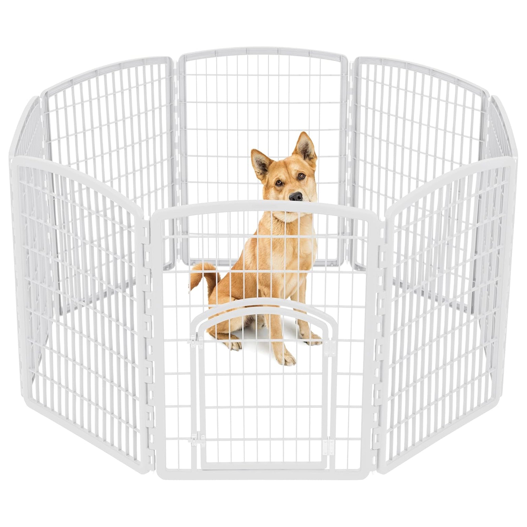 IRIS USA 34" Exercise Pet Playpen, Large Plastic Gate with Door for Dogs, White - VMInnovations