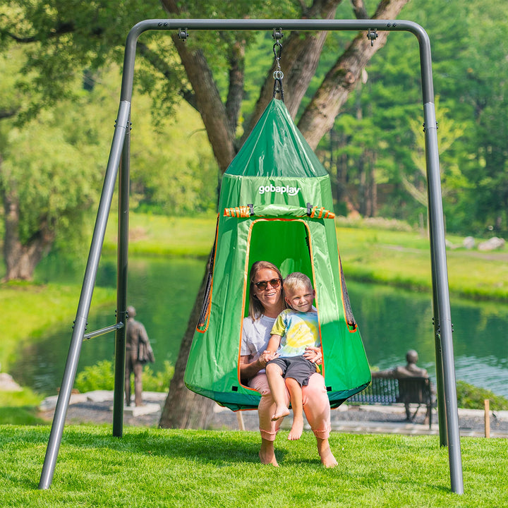 gobaplay Single Swing Set Frame with FlyMax 40" Round Saucer and Hanging Tent