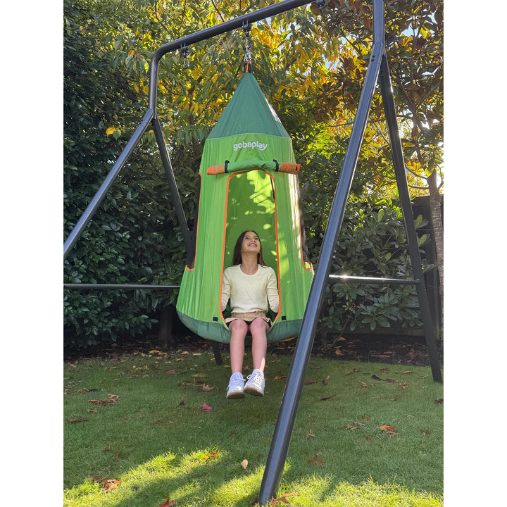 gobaplay Single Swing Set Frame with FlyMax 40" Round Saucer and Hanging Tent