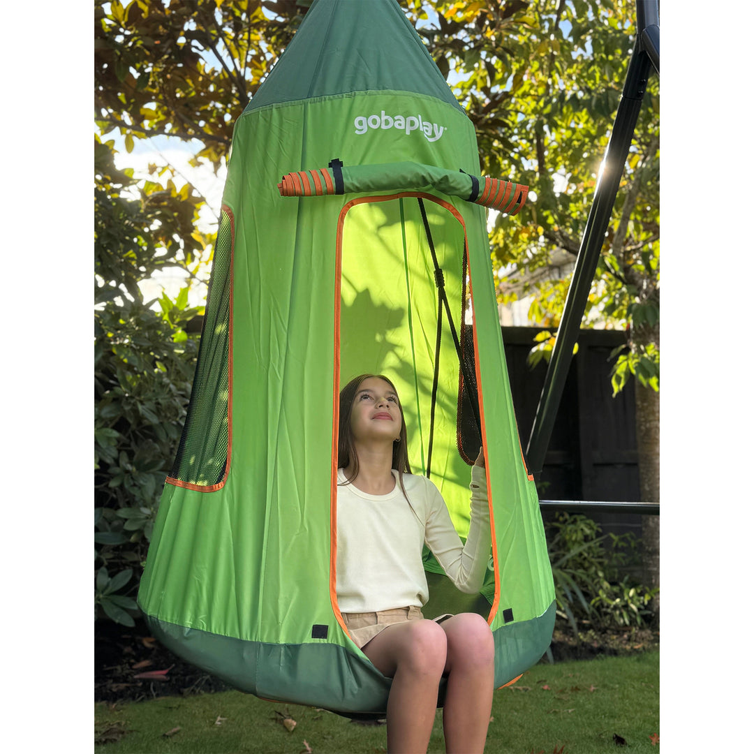 gobaplay Single Swing Set Frame with FlyMax 40" Round Saucer and Hanging Tent